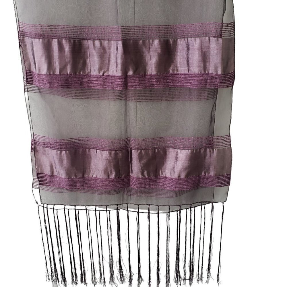 Large Mauve Taffeta Sheer Scarf Shawl With Stripes & Long Fringe